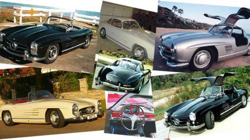 Elegant Mercedes-Benz 300SL Roadster, featuring a polished exterior and distinctive gullwing doors, representing automotive history.